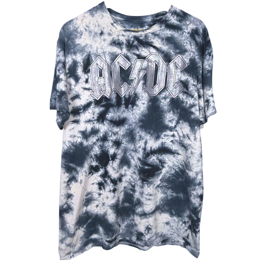 AC/DC Graphic T-Shirt Blue Silver Tie Dye Size Large Short Sleeve Rock Band